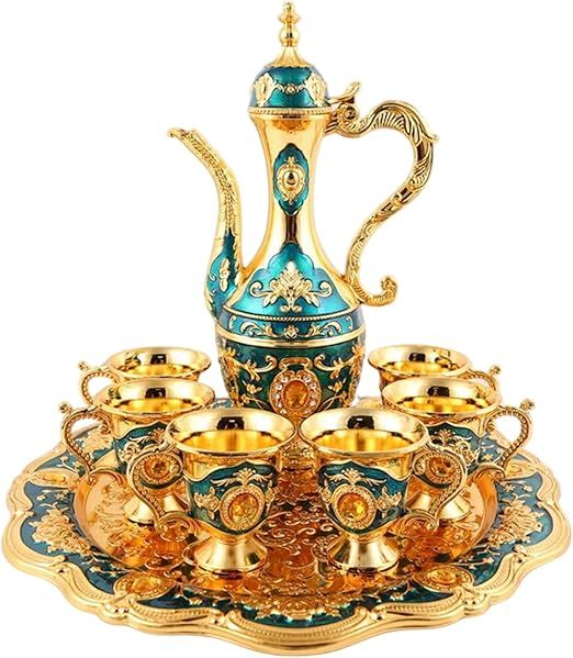 urkish Tea Set, Vintage Exquisite Golden Turkish Coffee Cup Set with Tray and 6 Cups, Metal Luxury Moroccan Tea Glasses for Home Party Decorations