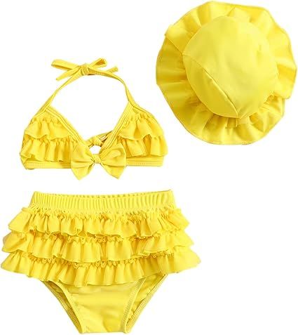 Yccutest Infant Baby Girl Flower Swimsuit 3Pcs Halter Triangle Tops Ruffle Bottoms Sun Hat Bikini Set Bathing Suit Swimwear