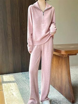 Women's High Neck Half Zip Pullover Sweatshirt And Wide Leg Pants Set Solid Wool Blend 2 Piece Outfits
