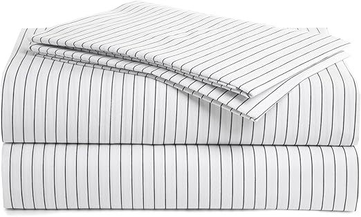 Peru Pima 415 Thread Count Percal California King Sheet Set - 100% Peruvian Pima Cotton, 4 Piece (Flat, Fitted, 2 Pillowcases) - Cooling, Deep Pocket, Hotel Quality Bedding - Pinstripe White