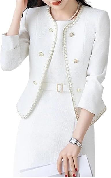 Women's 2 Piece Skirt Sets Tweed Trim Long Sleeve Blazer Pencil Skirt Business Suits Work Outfits
