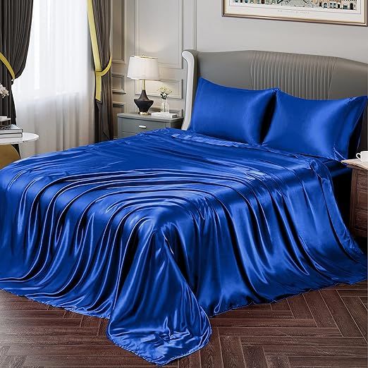 100% Mulberry Silk Sheet Set - 22 Momme Grade 6A, 16-18 Inch Deep Pocket, Indulgent Sheets for Dreamlike Comfort, Full XL-Royal Blue