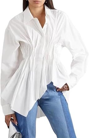 Women Splicing Pleated Irregular Shirts Long Sleeve Patchwork Single Breasted Shirt