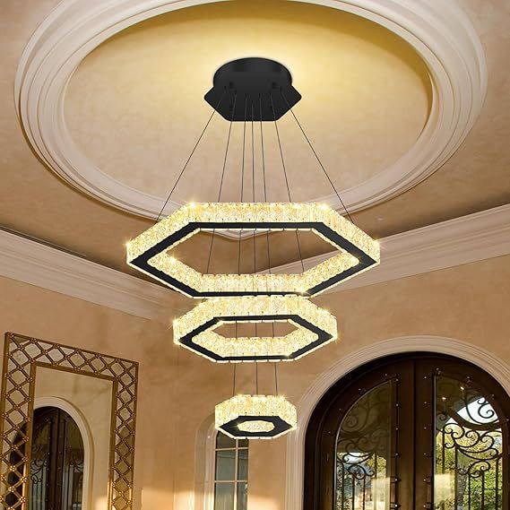 Modern LED Ring Crystal Chandeliers Height Shape Adjustable Pendant Light for Dining Room Bedroom Living Room Dimmable Black 8in+16in+24in