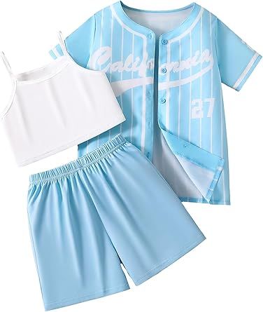 Hilinker Girls Graphic 3 Piece Outfits Short Sleeve Striped Cardigan and Crop Cami with Shorts Set