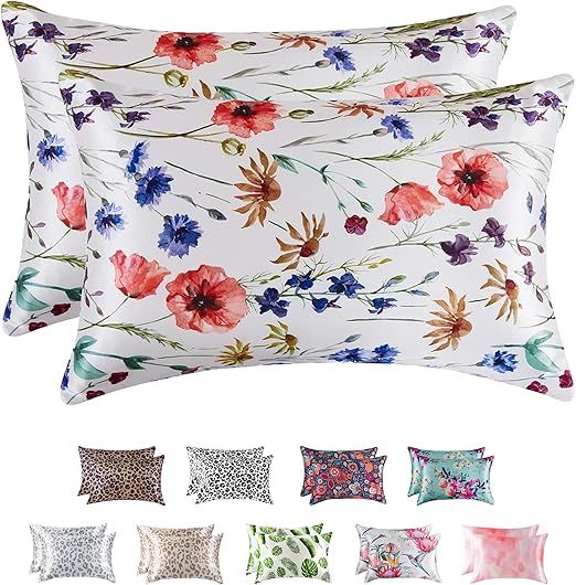 MR&HM Satin Pillowcase for Hair and Skin, Silk Satin Pillowcase 2 Pack, Queen Size Pillow Cases Set of 2, Silky Pillow Cover with Envelope Closure (20x30, Floral Mixted)