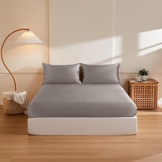 THXSILK 6A+ Top Grade 100% Pure Mulberry Silk Cal. King Fitted Sheet 3Pcs Set Bed Sheets Luxury Bedding for Hair and Skin Cooling Soft Durable, 1 Fitted Sheet with 2 Pillowcases, Grey