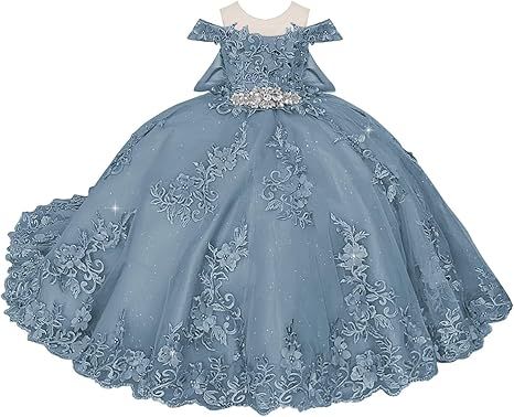 Boatneck Lace Flower Girl Dresses 3D Flower Ball Gown Dresses for Girls Pearly Crystal Girls Pageant Dress
