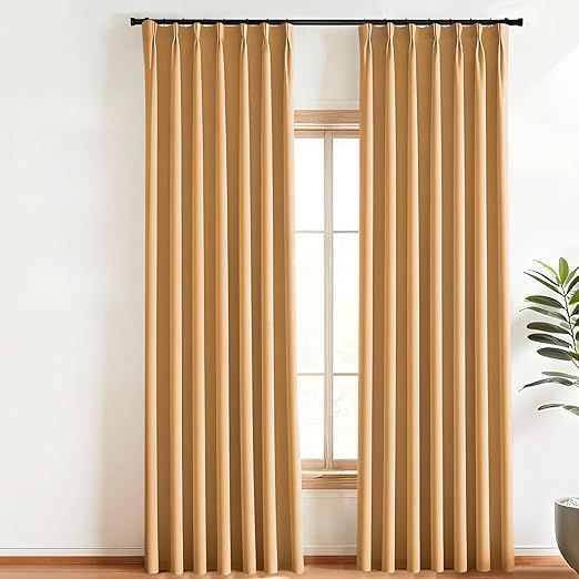 Pinch Pleated Curtains Blackout Two Pages Pinch Pleated Drapes for Bedroom Living Room，Black Liner Thermal Insulated Draperies with Hooks&Curtain Ring W40 x H96 Inch Khaki