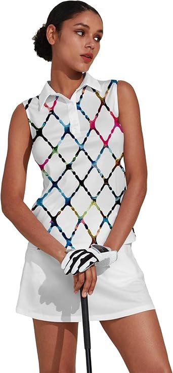 ACEGOLFS Women's Golf Shirts Sleeveless Collared Shirt for Women Quick Dry Button Up Tennis T-Shirt Printed Workout Tank Tops