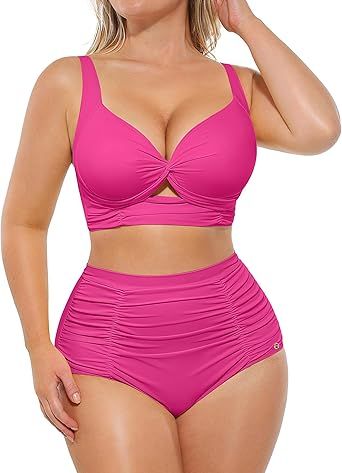 SHAPELLX High Waisted Bikini Tummy Control Two Piece Swimsuits for Women Ruched Bathing Suit Twist Front Bikini Sets