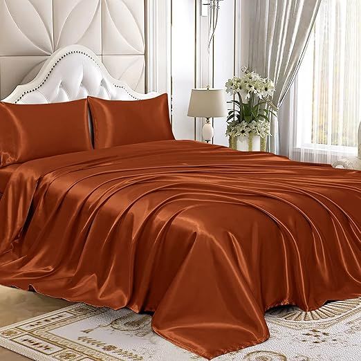 Twin XL Size 4-Piece Sheet Set Premium 30 Momme Mulberry Silk Bed Sheets Set Fits 23-26" Deep Pocket (Solid, Burnt Orange)