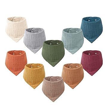 Konssy Muslin Baby Bibs 10 Pack Baby Bandana Drool Bibs 100% Cotton for Unisex Boys and Girls, Soft Absorbent Set for Teething and Drooling