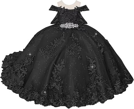 Boatneck Lace Flower Girl Dresses 3D Flower Ball Gown Dresses for Girls Pearly Crystal Girls Pageant Dress