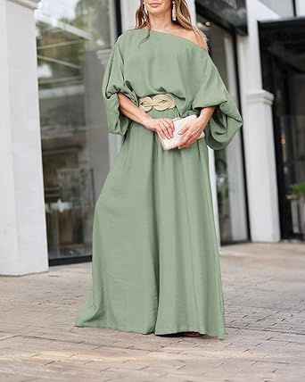 CHICME Women Summer 2 Piece Outfits Off Shoulder Lantern Sleeve Top Flowy Wide Leg Pants Set