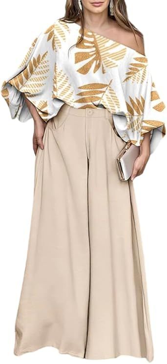 CHICME Women Summer 2 Piece Outfits Off Shoulder Lantern Sleeve Top Flowy Wide Leg Pants Set