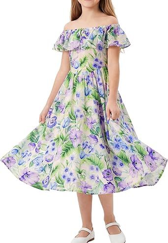 GRACE KARIN Girls Floral Dress Summer Midi Dress Off Shoulder Ruffle Spring Long Dresses