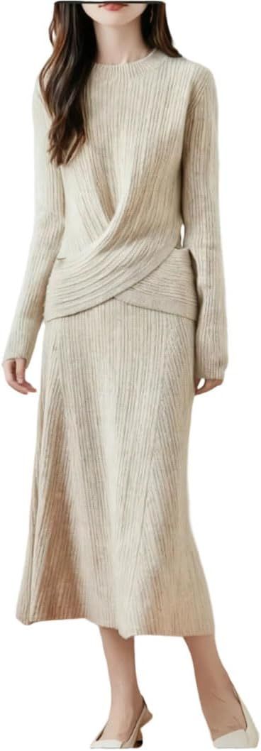 Niiyyjj Women's Fall Two-Piece Knitted Suit Solid Wool Long Sleeve Sweater Umbrella Skirt Vintage Sweater Set