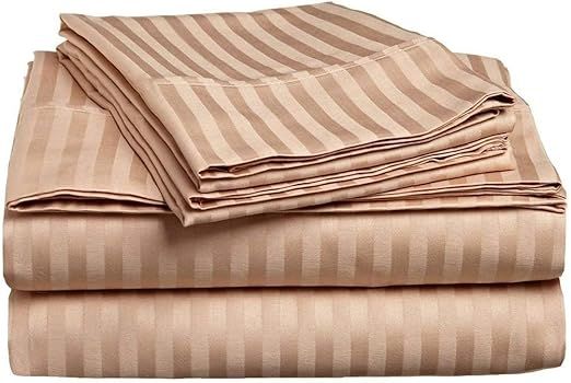 True Luxury Pure Heavy Rich Supima ELS Cotton 4-Piece Bed Sheets Set Full Size Fits mattresses Upto 30-34” deep Pocket – Sateen Weave (Stripe, Beige)