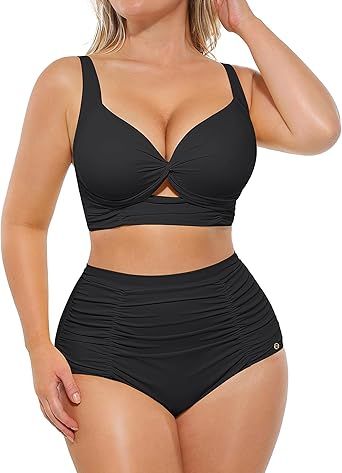SHAPELLX High Waisted Bikini Tummy Control Two Piece Swimsuits for Women Ruched Bathing Suit Twist Front Bikini Sets