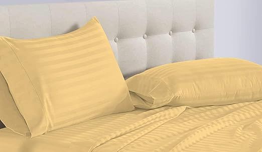 True Luxury Pure Heavy Rich Supima ELS Cotton 4-Piece Bed Sheets Set Full Size Fits mattresses Upto 30-34” deep Pocket – Sateen Weave (Stripe, Gold)