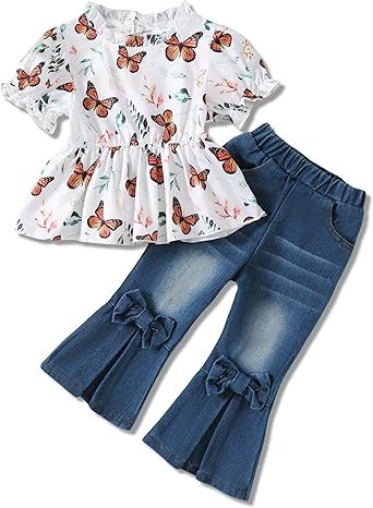 Baby Girl Clothes Toddler Girl Outfits Kids Puff Sleeve Shirt Top Flare Denim Pants Jeans Clothing for Little Girls