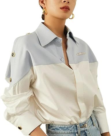 Patchwork Design Women's Long Sleeve Blouse with Contrast Color Details, Loose Fit Casual Office Shirt