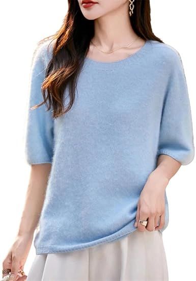 Women's Short Sleeve Crewneck Pullover Merino Wool Seamless Knit Top Soft Warm Casual Autumn Winter T-Shirt