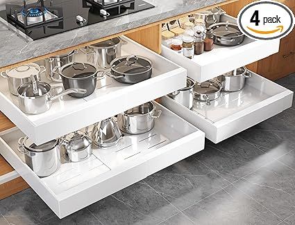 4 Pack Expandable (15.1"-26.3") Pull Out Cabinet Organizer 21" Deep With Raising Pad for Framed Cabinets,Upgrade 3 Slide Rails Slide Out Drawers,No Drill Roll Out Shelves Adhesive,White
