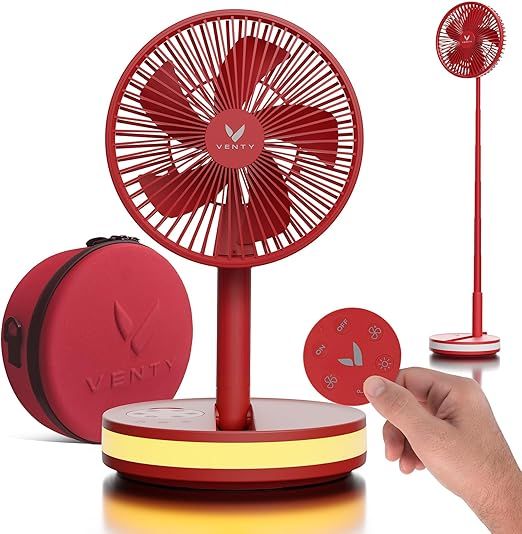 VENTY Portable Fan - Wireless Battery Operated Fan - 4 Speeds - LED Lighting - Carry Case & Remote Control - Cruise Travel - Outdoor Travel RV Power Bank With USB-C Port (Red with Case)