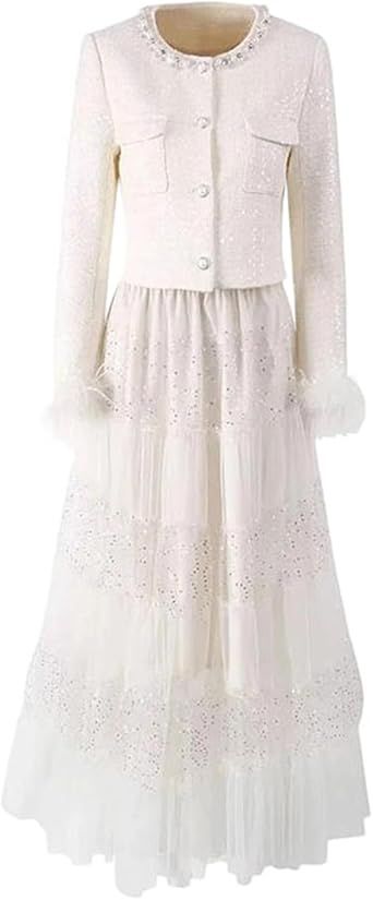 Women's Elegant 2-Piece Set Single Breasted Sequins Beading Coat Luxury Long Lace Skirt for Winter Party Wear