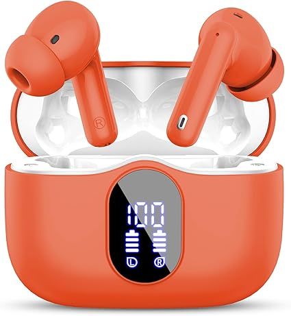 Wireless Earbuds, Bluetooth 5.4 Headphones Bass Stereo, Ear Buds with Noise Cancelling Mic, LED Display in Ear Earphones Clear Calls, IP7 Waterproof Bluetooth Earbuds for Laptop/Phones/Sports, Pink