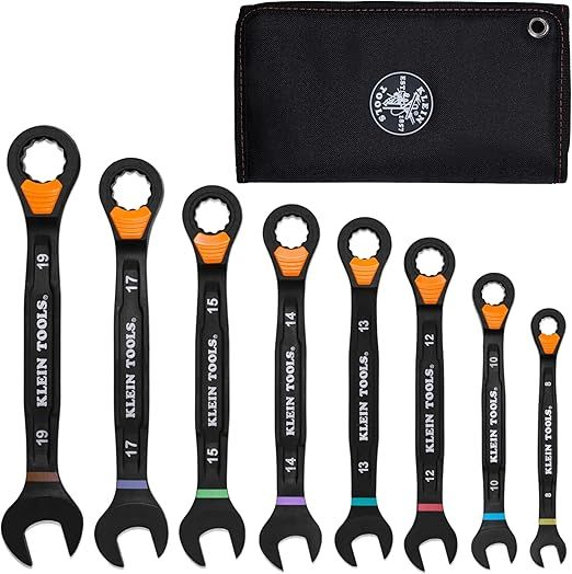 KLEIN TOOLS 69508M Metric Ratcheting Combination Wrench Set, 8-Piece, Slide-Lock 90-Tooth Ratchet, I-Beam Handle, Color-Coded Size Markings, Roll Pouch Storage