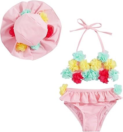 Yccutest Infant Baby Girl Flower Swimsuit 3Pcs Halter Triangle Tops Ruffle Bottoms Sun Hat Bikini Set Bathing Suit Swimwear