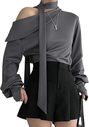 Solid Asymmetrical Neck Drop Shoulder Blouse Long Sleeve Womens Casual Business Fashion Tops