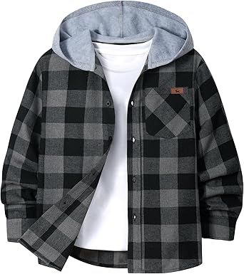 SWISSWELL Boys Long Sleeve Button-up Shirt with Hood Unisex Kids Cotton Plaid Hoodie Flannel Fall Shirts for 6-15 Years