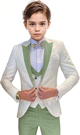 Boys Tuxedo Suit Jacquard Slim Fit 3 Piece Kids Tuxedo Suits for Boys Formal Wedding Suit Blazer Vest Pants