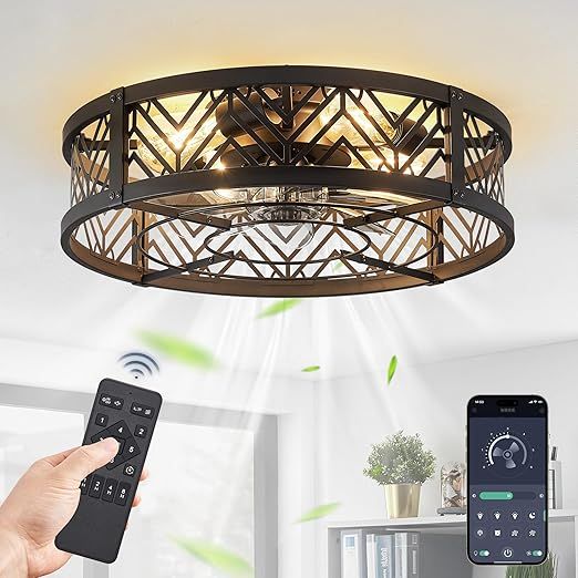 LEDIARY 20" Caged Ceiling Fan with Light, Small Flush Mount Ceiling Fan with App&Remote, Low Profile Bladeless Ceiling Fan for Bedroom, Kitchen, Dining Room-Black