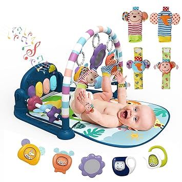 dearlomum Baby Play Mat Gym,Funny Play Piano Interactive Activity Mat with 5 Infant Sensory Toys & 4 Wrist Rattle Socks, Boy & Girl Gifts for Newborn 0 to 3 6 9 12 Months(Blue)