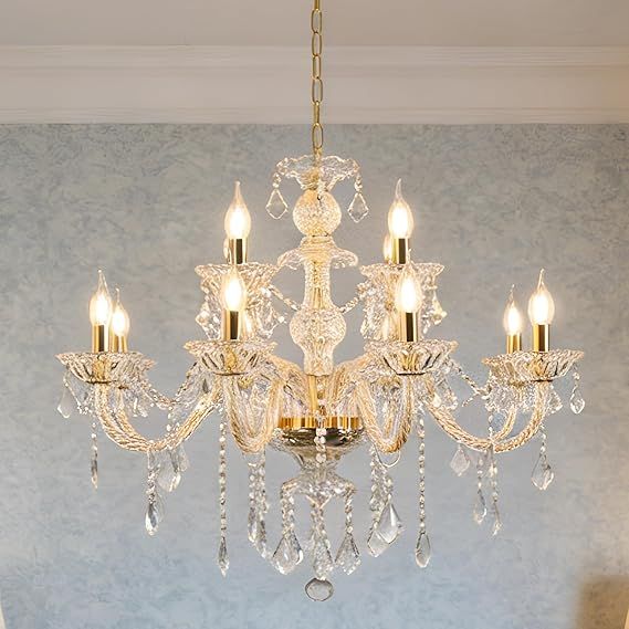 Contemporary Crystal Chandelier 12 Lights Clear Crystal Ceiling Lights for Living Room，E12 Base Double Layered Pendant Light Fixture for Dining Room Staircase, Hallway