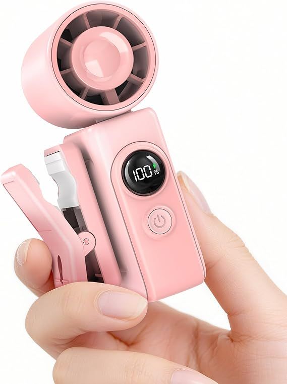 Portable Clip-On Mini Fan, Hands-Free, Turbo Personal Handheld Fans Rechargeable w/ 4 Wind & LED Display, Pocket Size Summer Cooling Essentials for Travel/Eye Lash/Beach/Concert, Gifts for Women(Pink)