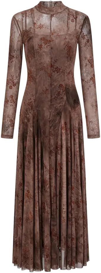 Women Evening Dress Fashion O-Neck Long Sleeve Grenadine Print Two Piece Set Slim Gown