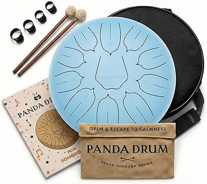 Plus (Blue) | Steel Tongue Handpan with Music Book, Mallets, Carrying Bag & Finger Picks | 11 inch, 432 Hz | Rain Drum for Inside & Outside | Calming Musical Instrument for Adults & Kids