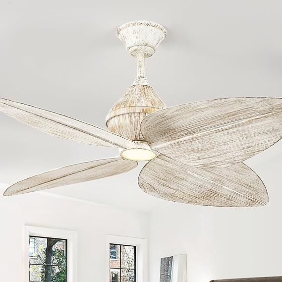 52" Ceiling Fan, Tropical Ceiling Fans with APP and Remote Control, Indoor Palm Leaf Ceiling Fans with Lights for Living Room Bedroom Patios, Dimmable(Rustic White Gold)