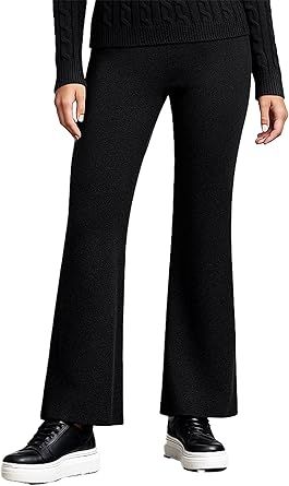 JENNIE LIU Womens 100% Cashmere Mid Rise Bootcut Pants - Soft Casual Lounge Trousers with Elastic Waist