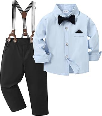 DISAUR Boy Suits Boys Wedding Outfit Dress Shirt with Bowtie/Suspender Pants for Formal Occasion 6-10 Years