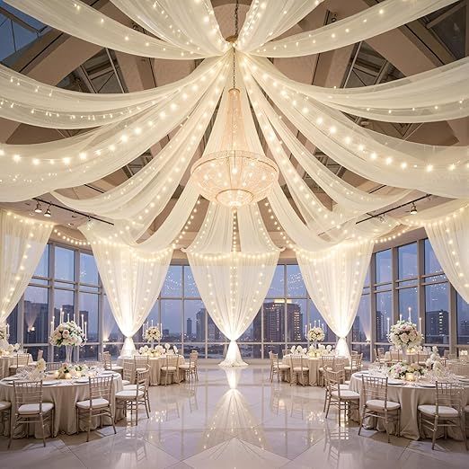 6 Panels Beige Ceiling Curtains with Lights for Weddings - 5ftx30ft Wrinkle-Free Tulle Fabric Wedding Arch Draping Ceiling Drapes Decorations for Wedding Party Ceremony Stage Tent Event