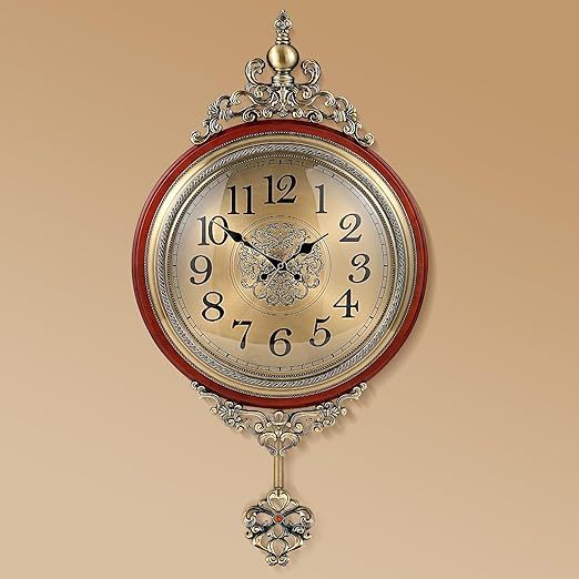 Vintage Wall Clock with Pendulum,Diameter 16 in/Full Length 30.7 in Large Retro Metal and Glass Silent Clock for Living Room, Antique Wood Pendulum for Dining Room Office Home Decor