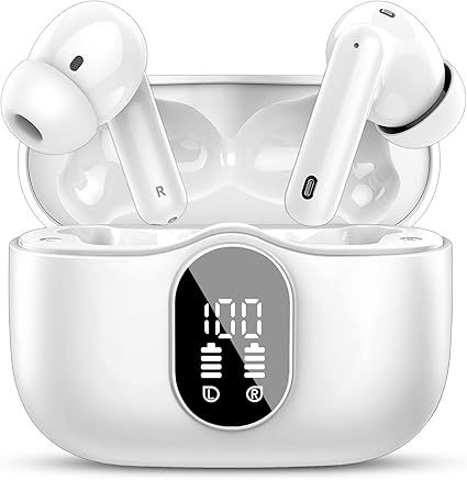 Wireless Earbuds, Bluetooth 5.4 Headphones Bass Stereo, Ear Buds with Noise Cancelling Mic, LED Display in Ear Earphones Clear Calls, IP7 Waterproof Bluetooth Earbuds for Phones/Sports/Laptop, White
