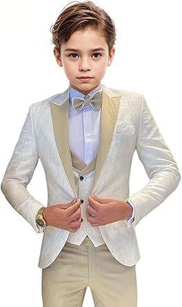Boys Tuxedo Suit Jacquard Slim Fit 3 Piece Kids Tuxedo Suits for Boys Formal Wedding Suit Blazer Vest Pants